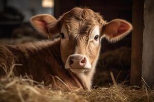 fofa vaca dentro uma celeiro com uma palheiro. ai gerado foto