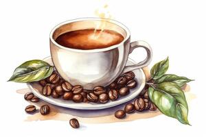 copo do manhã café com café feijões aguarela mão desenhado ilustração isolado em branco fundo. ai gerado foto