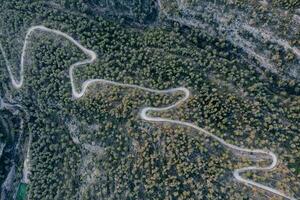 aéreo tiro do uma cheio de curvas estrada em uma montanha dentro uma floresta foto