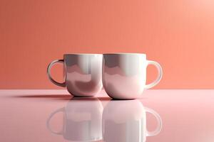 2 branco em branco café canecas com lidar com em Rosa fundo com reflexão 3d render cena com copo dentro ar. ai gerado foto