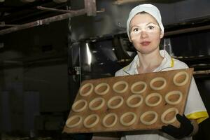 abril 19, 2022. bielorrússia, a cidade do gomil. pão fábrica. menina trabalhador do uma padaria com rosquinhas. padaria Produção. foto