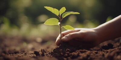 humano mão plantio uma árvore, mundo meio Ambiente dia conceito. generativo ai foto