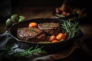 primavera grelhado bife e legumes fresco a partir de a Fazenda em seu mesa chiando filé bife com alecrim dentro a ferro panela com agradável iluminação e pano de fundo arte. ai gerado foto