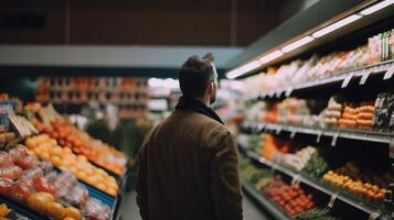 uma homem selecionando a melhor produzir dentro a supermercado. generativo ai foto