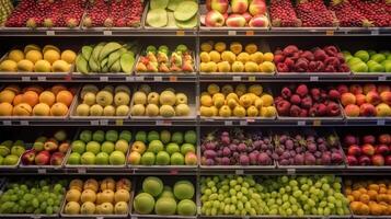 colorida matriz do fresco frutas em exibição às local verdureiro. generativo ai foto