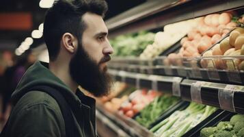 uma homem selecionando a melhor produzir dentro a supermercado. generativo ai foto