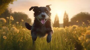 uma feliz cachorro saltando com deleite através a iluminado pelo sol campo. generativo ai foto