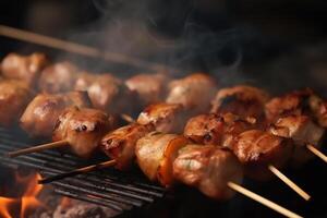 grelhar frango carne shashlik em metal espetos tecnologia. ai gerado foto