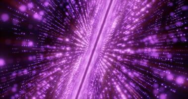 abstrato roxa energia oi-tech linhas e digital partículas mosca dentro uma túnel com bokeh efeito brilhando fundo foto