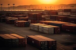 armazenamento às porta com containers às pôr do sol. ai gerado foto