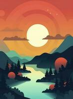 vintage Sol retro fundo. na moda com brilhante cores perfeito para poster, papel de parede, bandeira e pano de fundo, nascer do sol com Sol feixes, gerar ai foto