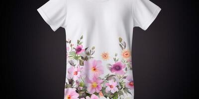 uma branco mulheres t camisa brincar com Primavera flores ai gerado foto