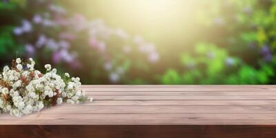 uma de madeira mesa com uma florido fundo ai gerado foto