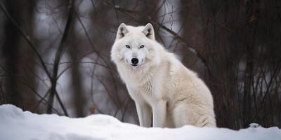 uma branco Lobo dentro a neve ai gerado foto
