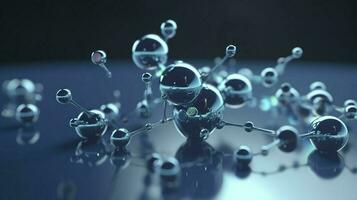 hidrogênio molécula ou átomo, abstrato estrutura para Ciência ou médico fundo. Claro azul água. conceito do químico modelo conexões átomos. 3d Renderização, gerar ai foto
