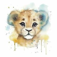 fofa pequeno bebê leão, água cor, pastel cor em branco fundo, gerar ai foto