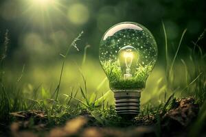 verde energia conceito. elétrico luz lâmpada dentro grama. ai generativo foto