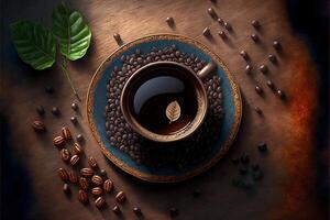 café copo e café feijões em de madeira mesa, topo visualizar. generativo ai ilustração. foto