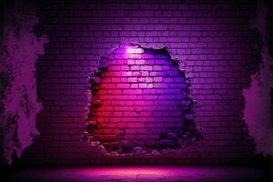 grunge tijolo parede com rachado orifício e roxa néon claro. generativo ai ilustração. foto