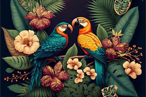 dois colorida papagaios sentar em uma ramo entre tropical flores generativo ai ilustração. foto