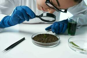 fêmea laboratório assistente olhando através uma ampliação vidro às a solo pesquisa biologia foto