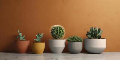 três pequeno em vaso cacto plantas em concreto dentro frente do uma brilhantemente colori parede ai gerado foto