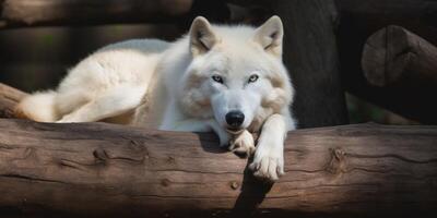 uma branco Lobo com azul olhos mentiras em a registro ai gerado foto