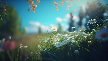 lindo Primavera flores fundo natureza com lindo céu com ai generativo imagem foto