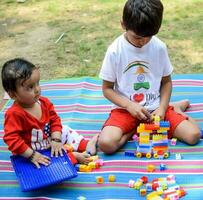 dois feliz Rapazes dentro sociedade parque, feliz ásia irmãos quem estão sorridente alegremente junto. irmãos jogar ao ar livre dentro verão, melhor amigos. criança pequena bebê Garoto jogando com dele feliz irmão dentro a jardim foto