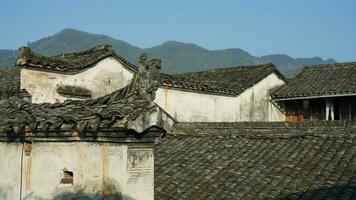 a bela vista da vila tradicional chinesa com a arquitetura clássica e árvores verdes frescas como pano de fundo foto