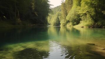 sereno rio fluxos para dentro pitoresco lago, digital arte ilustração, generativo ai foto