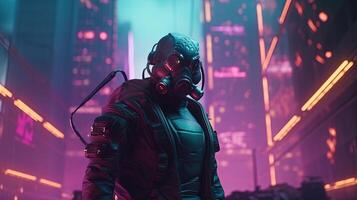 cyberpunk soldado com gás mascarar, digital arte ilustração, generativo ai foto