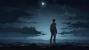solitário jovem homem dentro escuro, digital arte ilustração, generativo ai foto