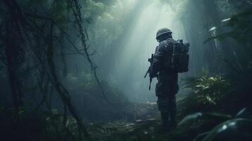 soldado manobras dentro selva terreno, digital arte ilustração, generativo ai foto