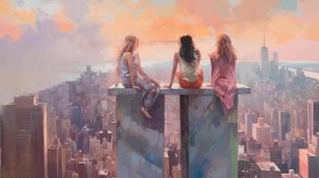 impressionista pintura Super-heróis dentro cidade. ilustração generativo ai foto