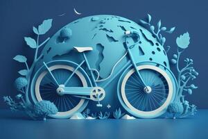 mundo bicicleta dia em azul fundo, eco amigáveis bicicleta conceito. generativo ai foto