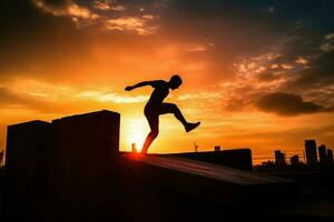 homem Parkour pôr do sol cidade. gerar ai foto