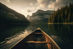 barco em rio montanhas pôr do sol. gerar ai foto