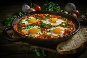 Shakshuka Comida dentro fritar frigideira. gerar ai foto