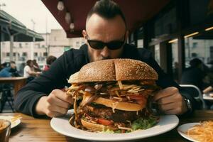 homem comer enorme hambúrguer. gerar ai foto