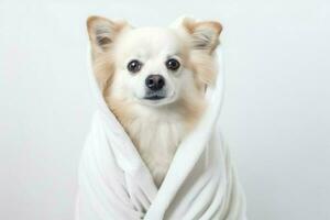 cachorro branco roupão de banho. gerar ai foto