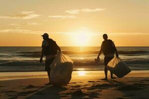 voluntários limpar \ limpo de praia lixo pôr do sol. gerar ai foto