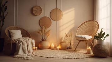 generativo ai, eco de madeira quarto com plantas com natural mobília, boho étnico chique estilo interior Projeto foto