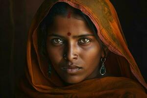 indiano mulher retrato modelo. gerar ai foto