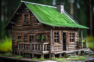velho de madeira eco casa dentro floresta generativo ai foto
