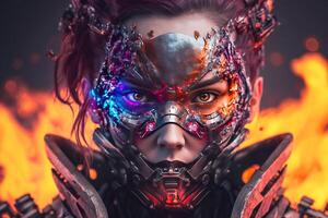 cyborg futurista fantasia mulher com face metal mascarar em natureza fundo generativo ai foto