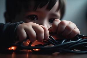 criança jogando com viver elétrico fios, segurança crianças Perigo placa generativo ai foto