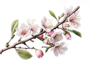 generativo ai contente, ramo com maçã flores floração filial, Primavera coleção. branco fundo, isolado objeto foto
