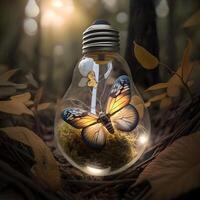 generativo ai contente, terra dia. borboleta dentro uma luz lâmpada contra a pano de fundo do a outono floresta. foto