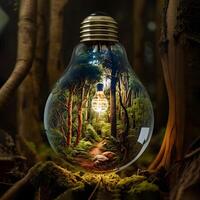 generativo ai contente, dentro a luz lâmpada é uma floresta. luz dentro. luz mostra a caminho foto